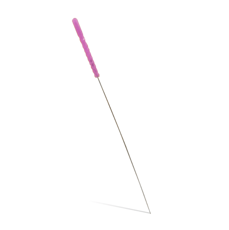A single-use dry needling filiform needle with a purple handle